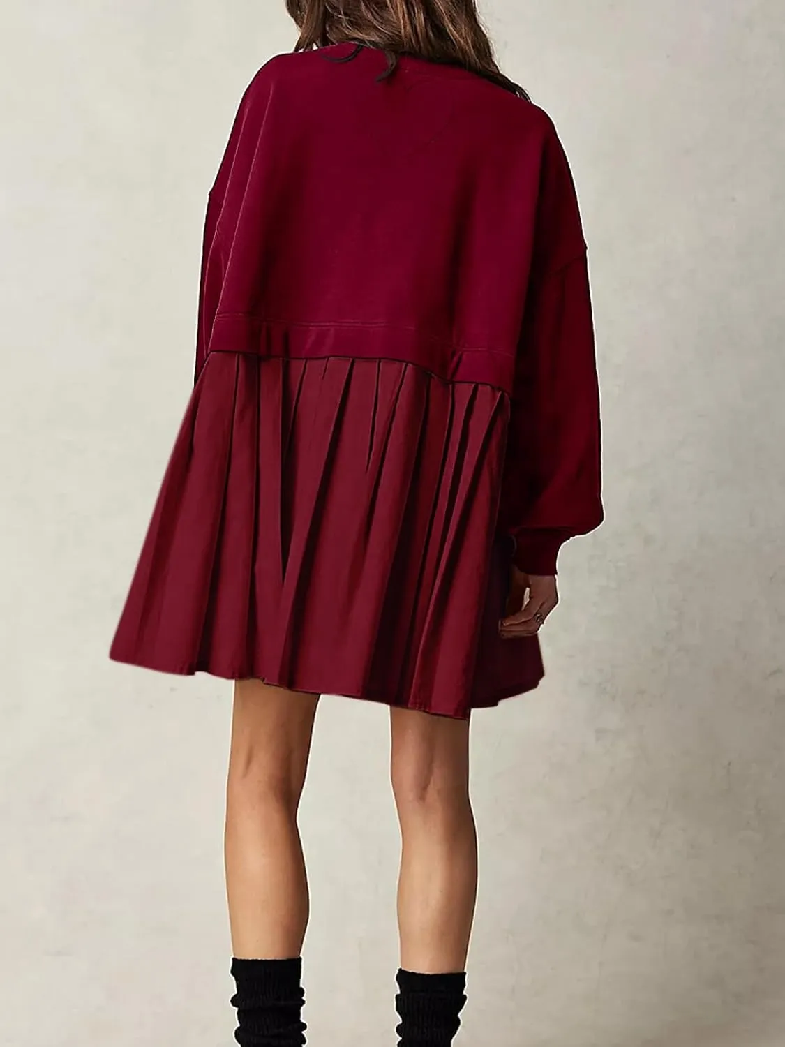 Dokuritu Sweatshirt Dress Women Crew Neck Long Sleeve Patchwork Pullover Tops Flowy Oversized Sweatshirt Mini Dress