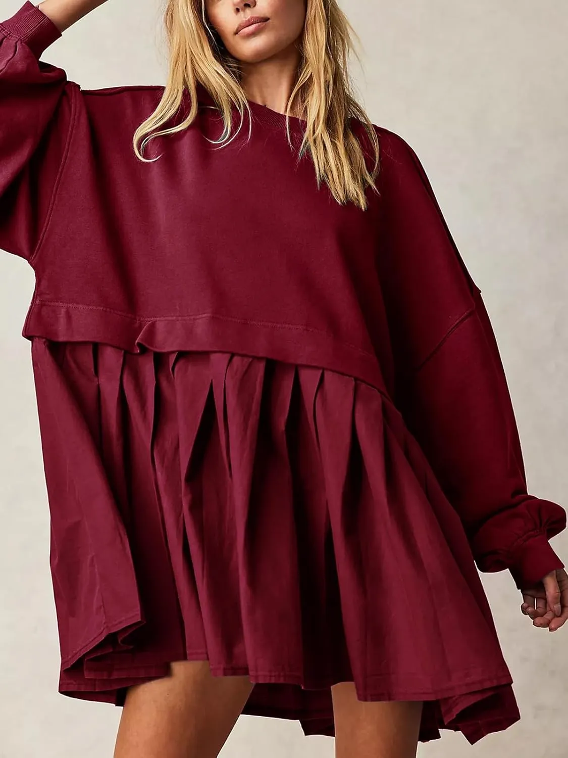 Dokuritu Sweatshirt Dress Women Crew Neck Long Sleeve Patchwork Pullover Tops Flowy Oversized Sweatshirt Mini Dress