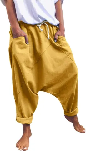 Drop Crotch Harem Pants Women Elastic Waist Drawstring Boho Aladdin Pants Summer Cotton Baggy Hip Hop Yoga Trousers Yellow