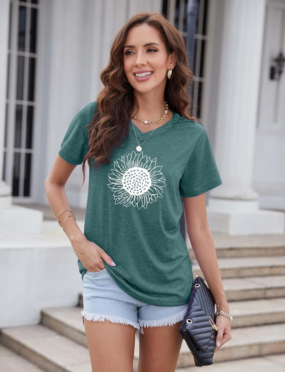 EADINVE Women's Summer Short Sleeve Cute Sunflower Graphic Printed Tee Vintage T Shirt Cotton Tops Novelty Cool Shirts