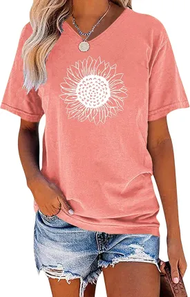 EADINVE Women's Summer Short Sleeve Cute Sunflower Graphic Printed Tee Vintage T Shirt Cotton Tops Novelty Cool Shirts