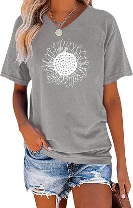 EADINVE Women's Summer Short Sleeve Cute Sunflower Graphic Printed Tee Vintage T Shirt Cotton Tops Novelty Cool Shirts