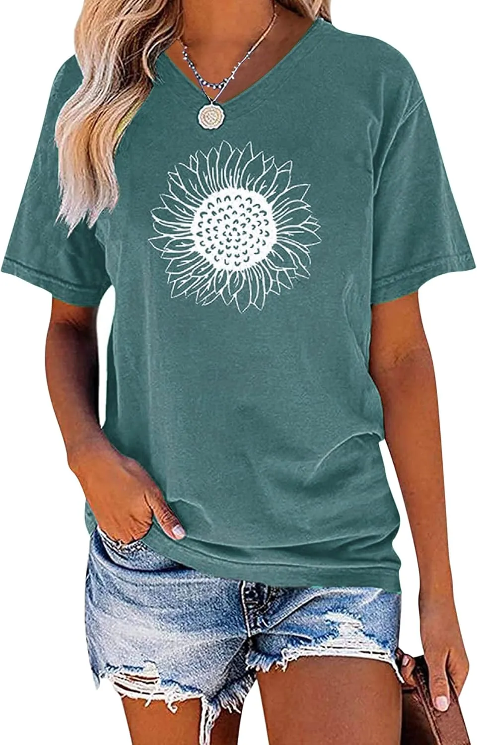 EADINVE Women's Summer Short Sleeve Cute Sunflower Graphic Printed Tee Vintage T Shirt Cotton Tops Novelty Cool Shirts