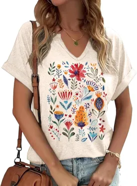 Earlymemb Womens Vintage Flowers V Neck Shirt Boho Floral Wildflowers Graphic Tee Casual Cottagecore Short Sleeve T Shirt