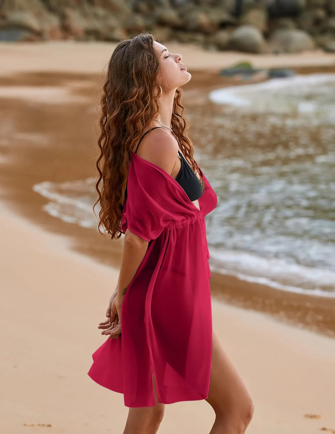 Ekouaer Bathing Suit Cover Up Chiffon Swim Suit Coverup Tie Front Sheer Beach Kimono Coverups Swimwear Cardigans