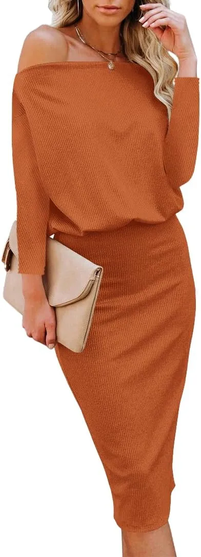 Ezbelle Women's Off The Shoulder 3/4 Sleeve Batwing HIPS-Wrap Pencil Party Sexy Bodycon Midi Dress