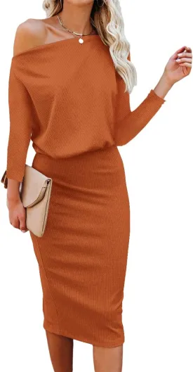Ezbelle Women's Off The Shoulder 3/4 Sleeve Batwing HIPS-Wrap Pencil Party Sexy Bodycon Midi Dress