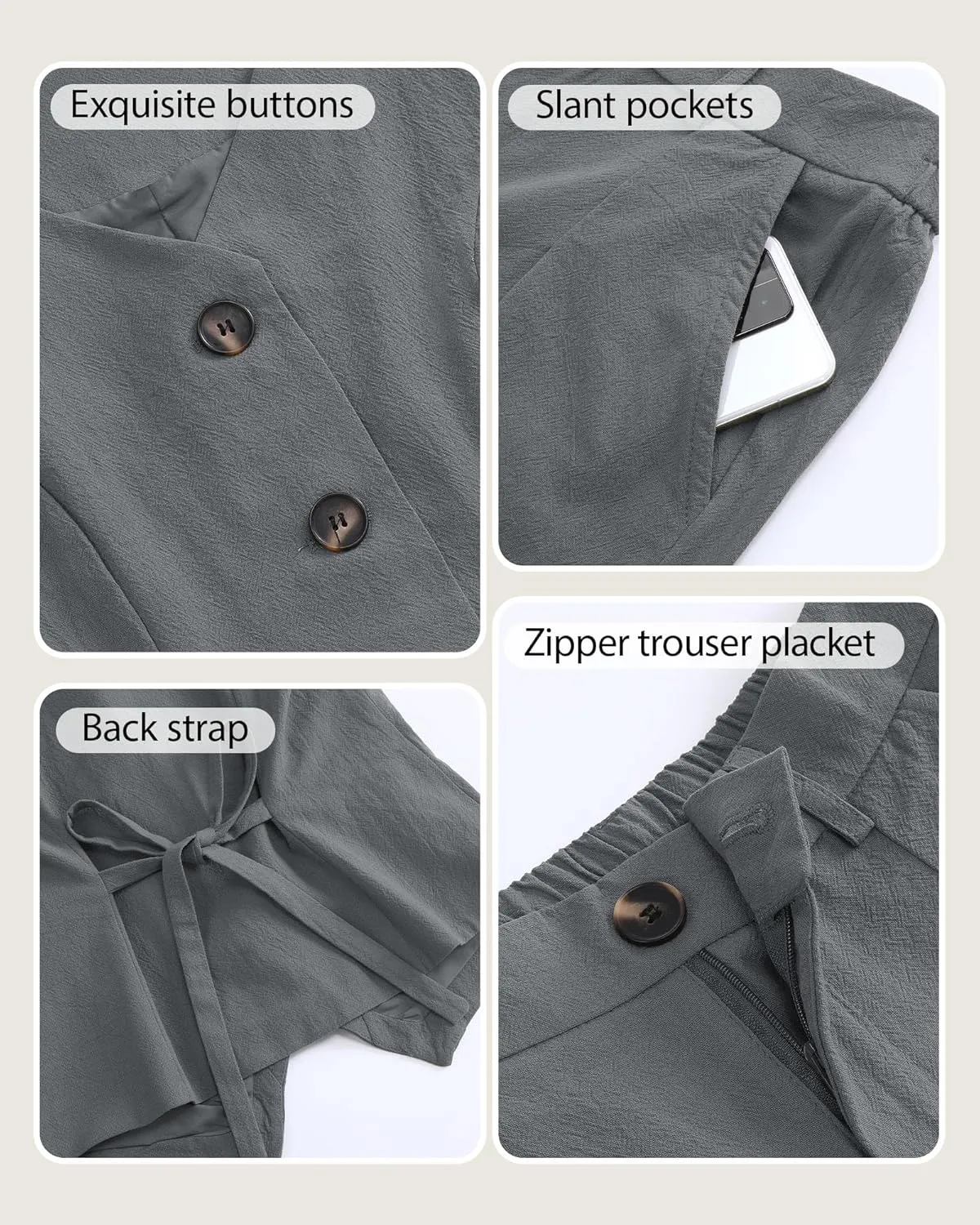 Ficerd Women's 2 Piece Outfits, Sleeveless Cotton Suit Vest and Wide Leg Pant Summer Business Casual Button V Neck Blazer Set