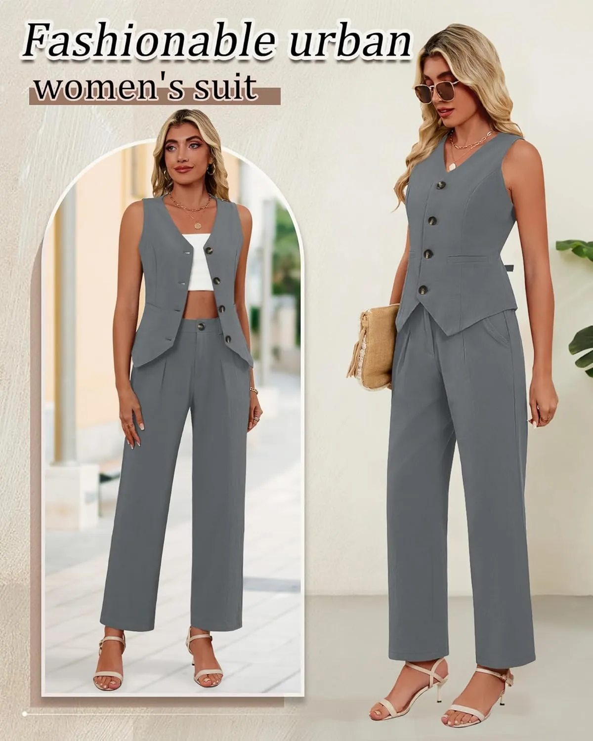Ficerd Women's 2 Piece Outfits, Sleeveless Cotton Suit Vest and Wide Leg Pant Summer Business Casual Button V Neck Blazer Set