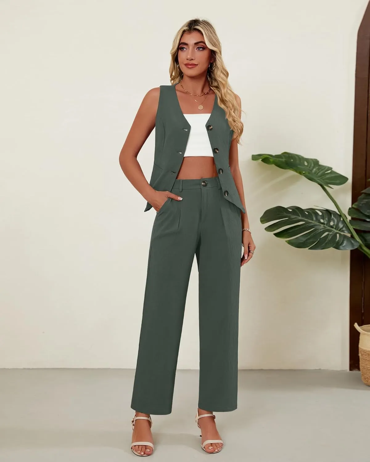 Ficerd Women's 2 Piece Outfits, Sleeveless Cotton Suit Vest and Wide Leg Pant Summer Business Casual Button V Neck Blazer Set