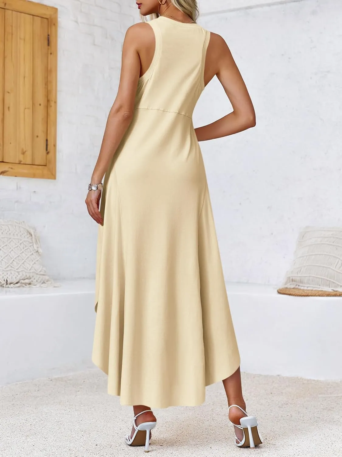 Fisoew Womens Summer Sleeveless Maxi Dress Asymmetrical Hem Crew Neck High Waist A Line Flowy Casual Long Beach Dress