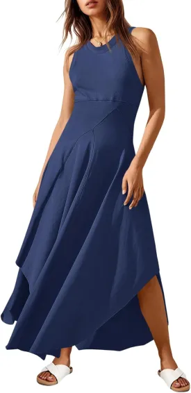 Fisoew Womens Summer Sleeveless Maxi Dress Asymmetrical Hem Crew Neck High Waist A Line Flowy Casual Long Beach Dress