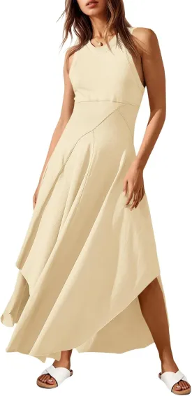 Fisoew Womens Summer Sleeveless Maxi Dress Asymmetrical Hem Crew Neck High Waist A Line Flowy Casual Long Beach Dress