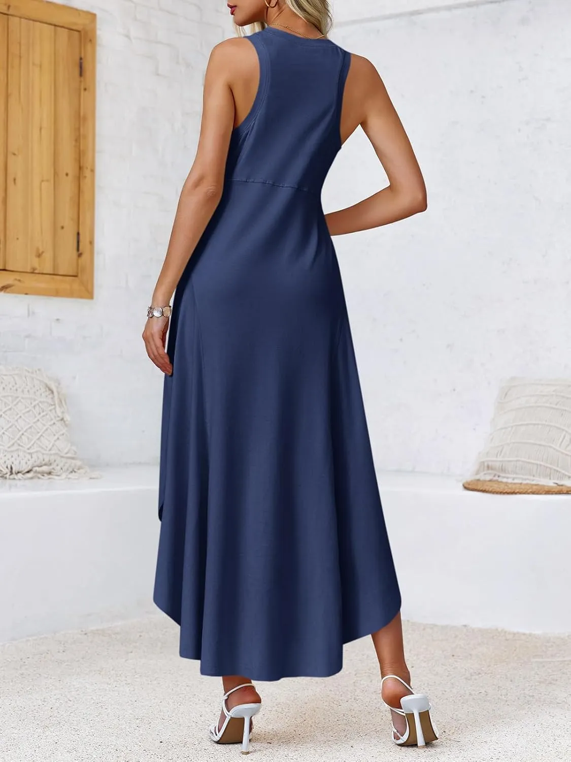 Fisoew Womens Summer Sleeveless Maxi Dress Asymmetrical Hem Crew Neck High Waist A Line Flowy Casual Long Beach Dress
