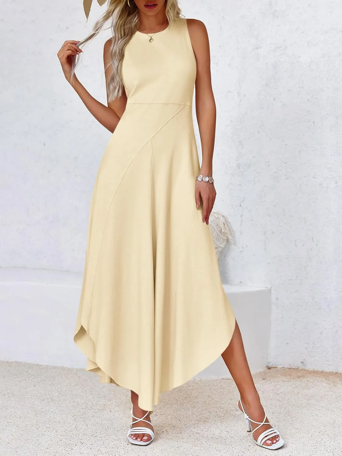 Fisoew Womens Summer Sleeveless Maxi Dress Asymmetrical Hem Crew Neck High Waist A Line Flowy Casual Long Beach Dress
