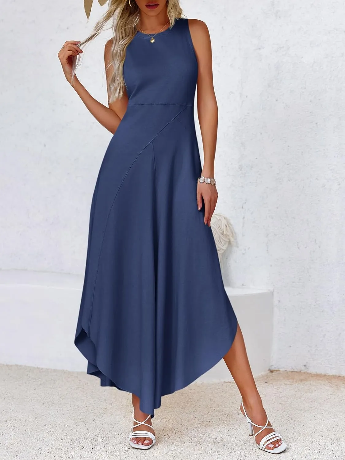 Fisoew Womens Summer Sleeveless Maxi Dress Asymmetrical Hem Crew Neck High Waist A Line Flowy Casual Long Beach Dress