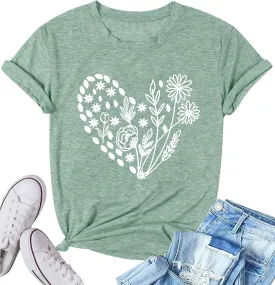 Flower Tshirts Shirts for Women Cute Dandelion Tshirt Casual Short Sleeve Wildflower Floral Heart Print Graphic Tee Tops