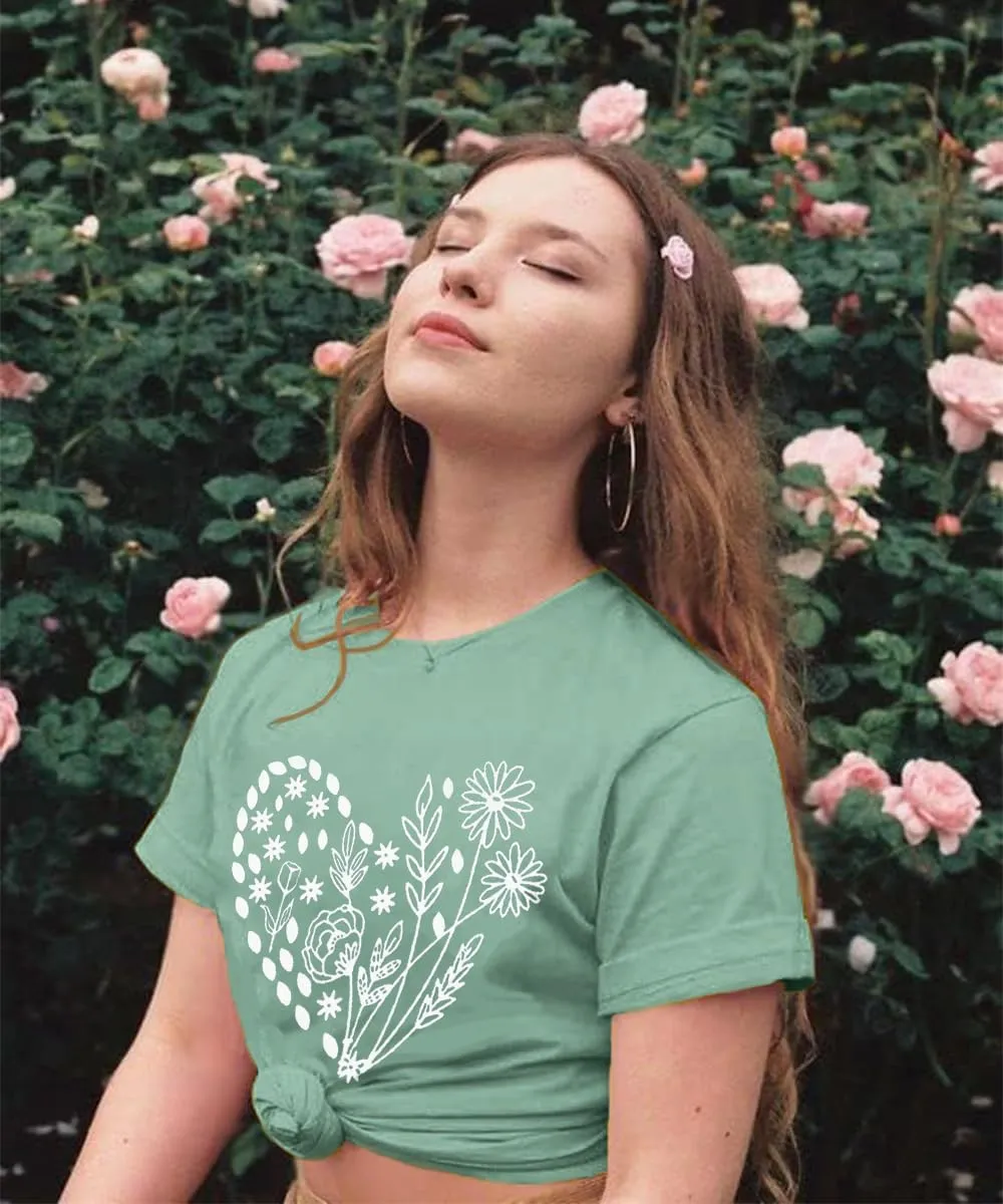 Flower Tshirts Shirts for Women Cute Dandelion Tshirt Casual Short Sleeve Wildflower Floral Heart Print Graphic Tee Tops