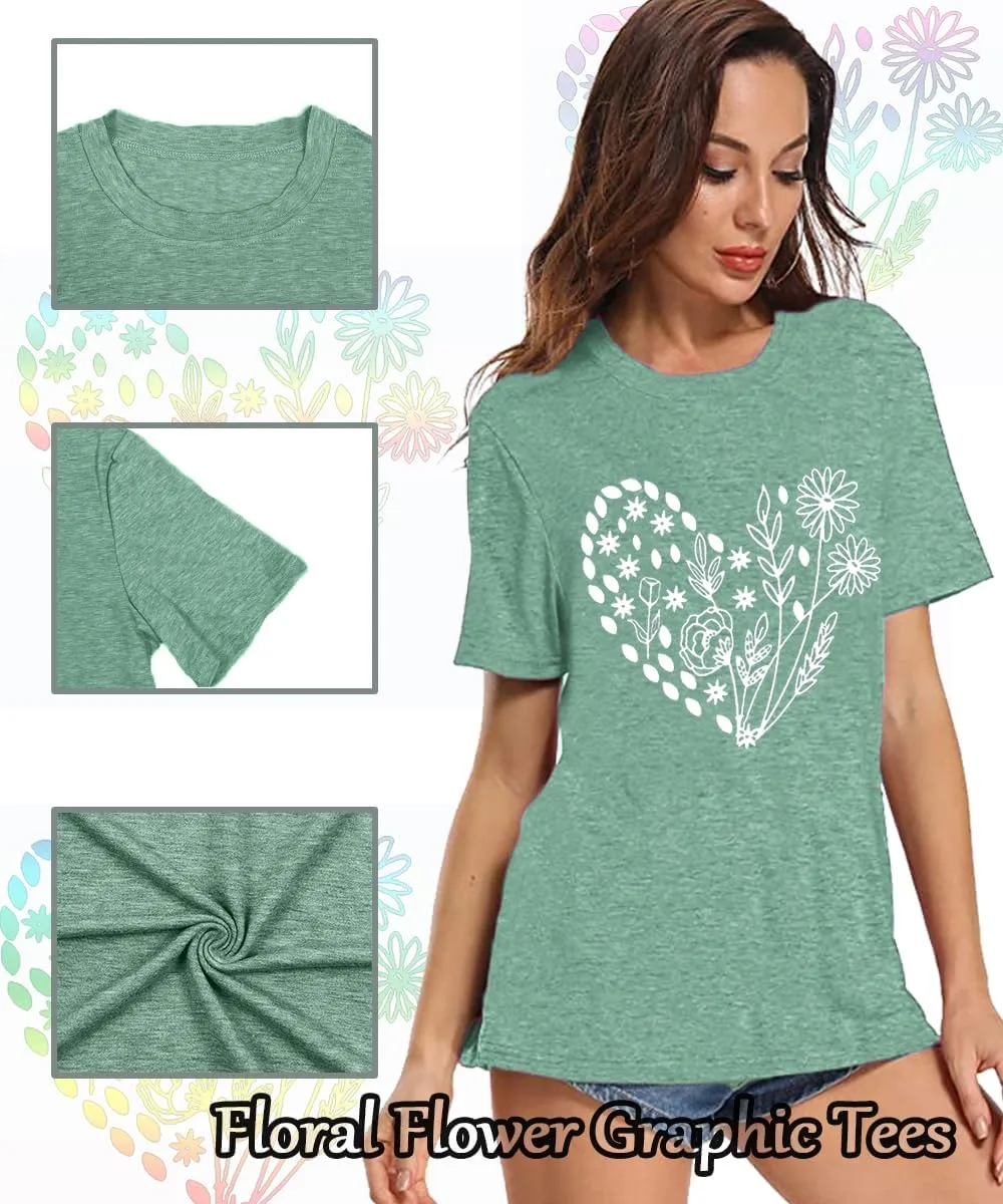 Flower Tshirts Shirts for Women Cute Dandelion Tshirt Casual Short Sleeve Wildflower Floral Heart Print Graphic Tee Tops