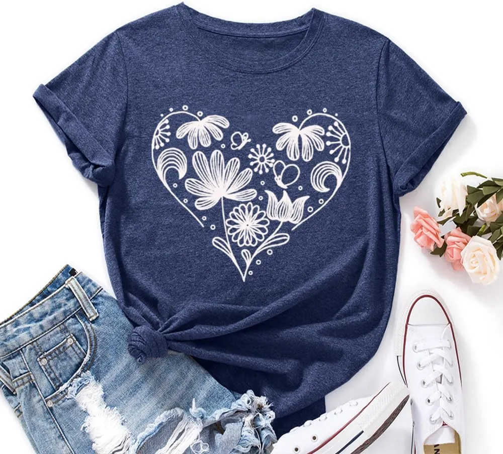 Flower Tshirts Shirts for Women Cute Dandelion Tshirt Casual Short Sleeve Wildflower Floral Heart Print Graphic Tee Tops