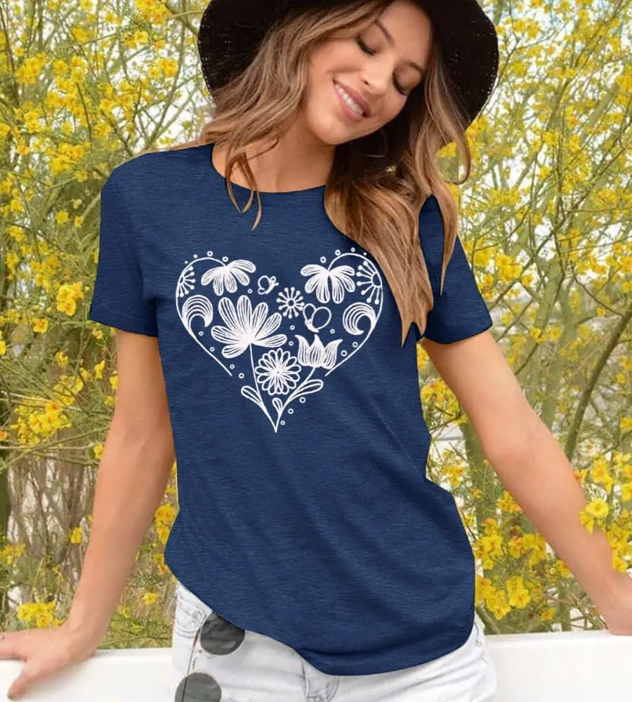 Flower Tshirts Shirts for Women Cute Dandelion Tshirt Casual Short Sleeve Wildflower Floral Heart Print Graphic Tee Tops