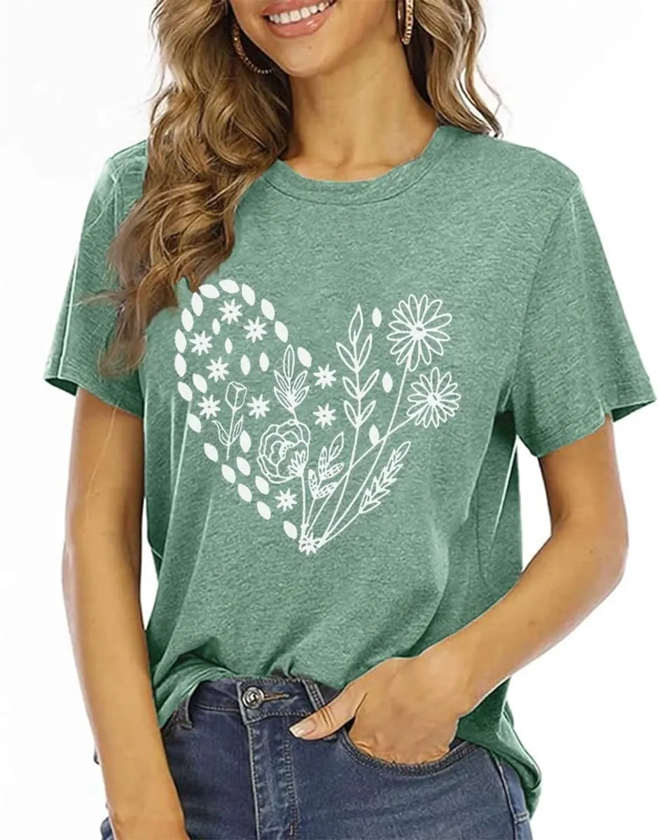 Flower Tshirts Shirts for Women Cute Dandelion Tshirt Casual Short Sleeve Wildflower Floral Heart Print Graphic Tee Tops