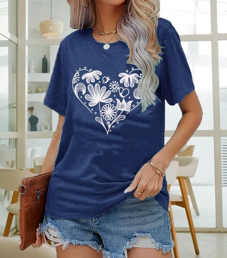 Flower Tshirts Shirts for Women Cute Dandelion Tshirt Casual Short Sleeve Wildflower Floral Heart Print Graphic Tee Tops