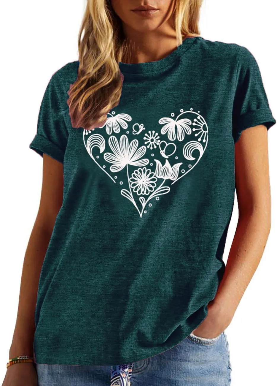 Flower Tshirts Shirts for Women Cute Dandelion Tshirt Casual Short Sleeve Wildflower Floral Heart Print Graphic Tee Tops