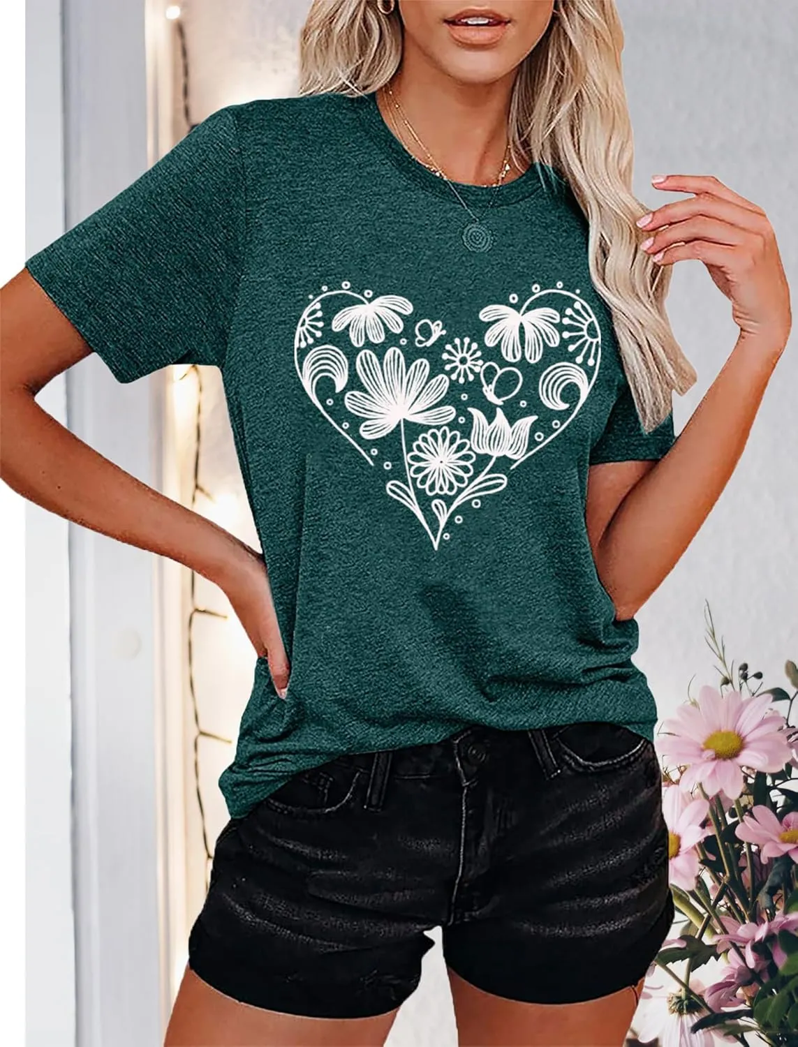 Flower Tshirts Shirts for Women Cute Dandelion Tshirt Casual Short Sleeve Wildflower Floral Heart Print Graphic Tee Tops