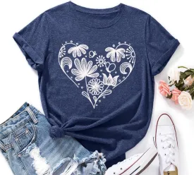 Flower Tshirts Shirts for Women Cute Dandelion Tshirt Casual Short Sleeve Wildflower Floral Heart Print Graphic Tee Tops