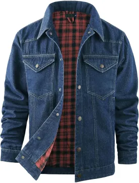 Flygo Mens Flannel Lined Denim Jacket Snap Cowboy Cut Western Classic Slim Fit Vintage Heavy Duty Jacket Trucker Coat