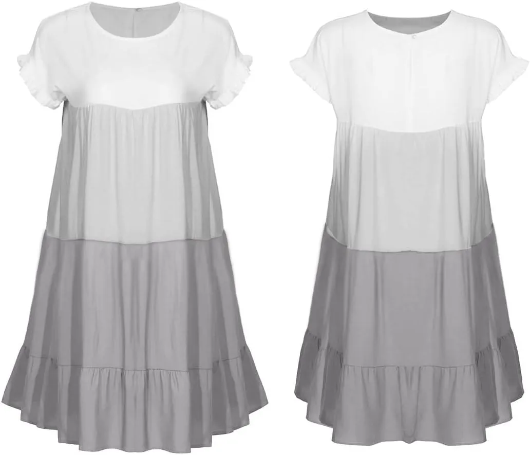 futurino Women's Colorblock Short Sleeve Loose Tiered Ruffle Smock Mini Dress