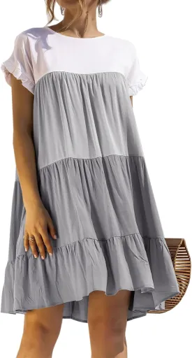 futurino Women's Colorblock Short Sleeve Loose Tiered Ruffle Smock Mini Dress
