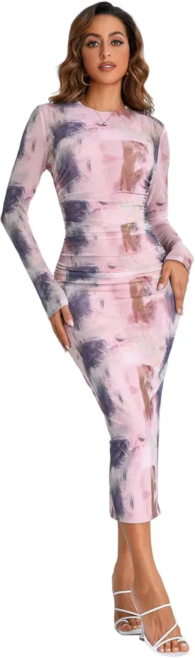 GORGLITTER Women's Mesh Long Sleeve Bodycon Midi Dress Sheer Ruched Tie Dye Crew Neck Dresses