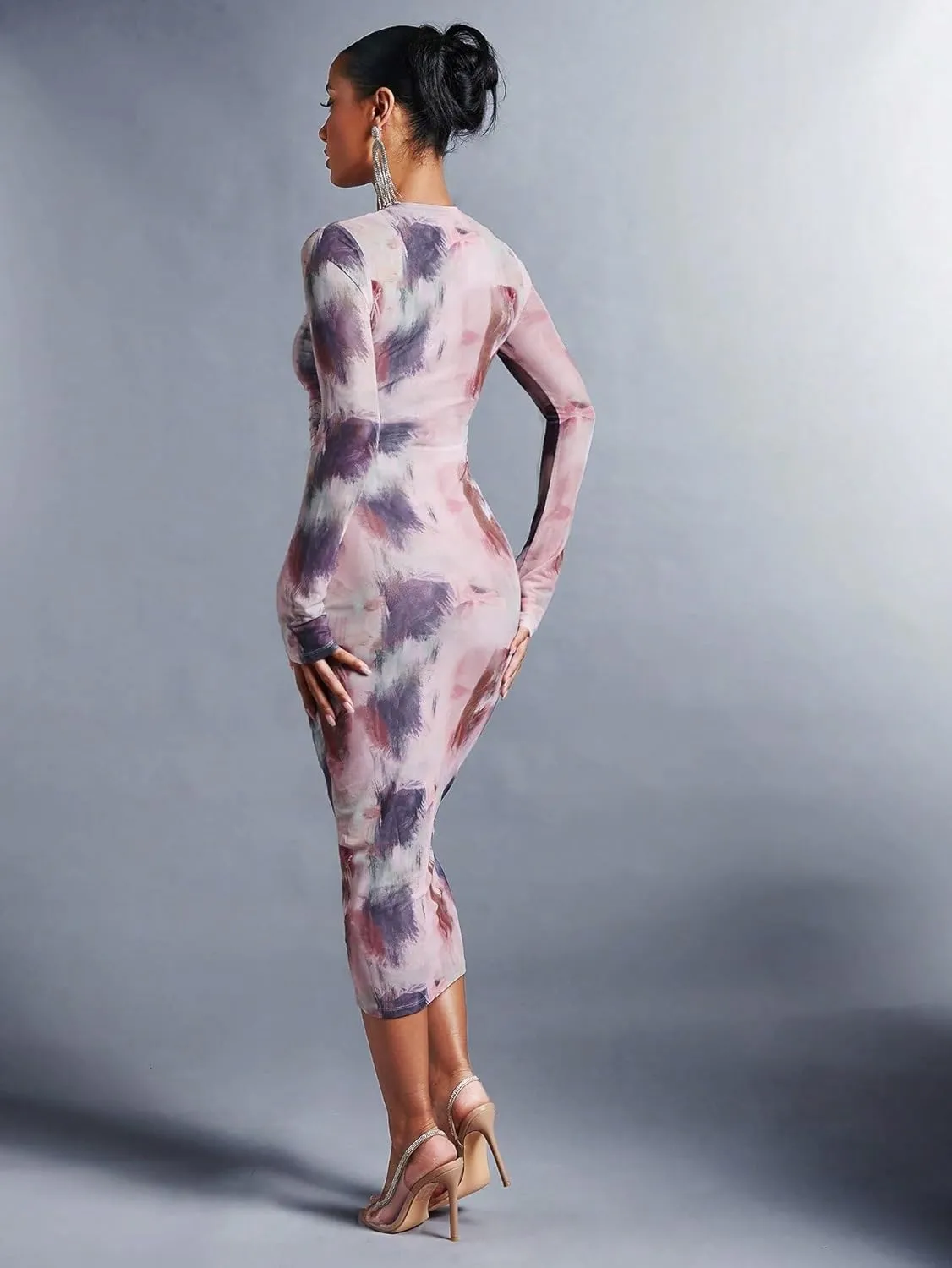 GORGLITTER Women's Mesh Long Sleeve Bodycon Midi Dress Sheer Ruched Tie Dye Crew Neck Dresses
