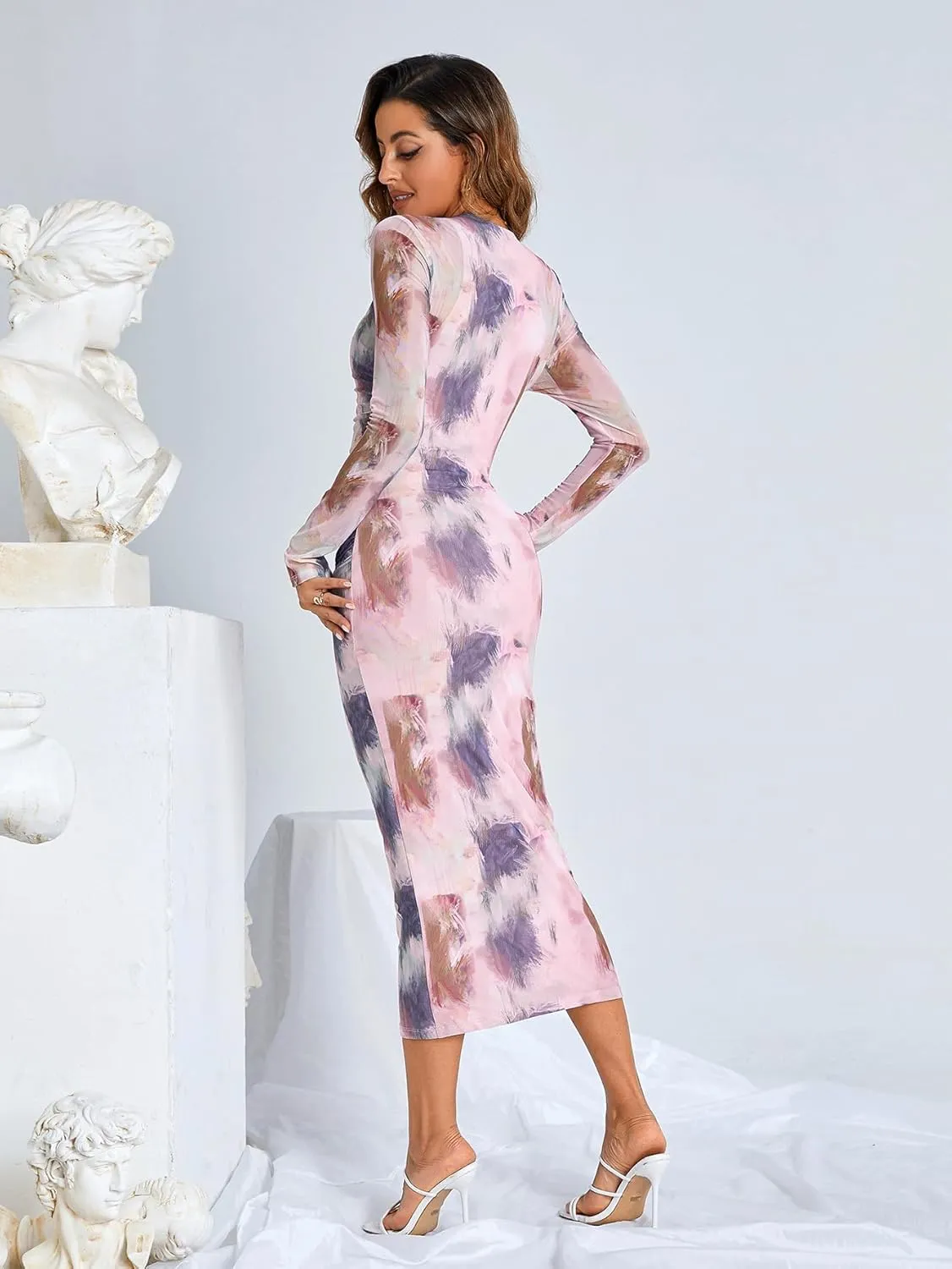 GORGLITTER Women's Mesh Long Sleeve Bodycon Midi Dress Sheer Ruched Tie Dye Crew Neck Dresses