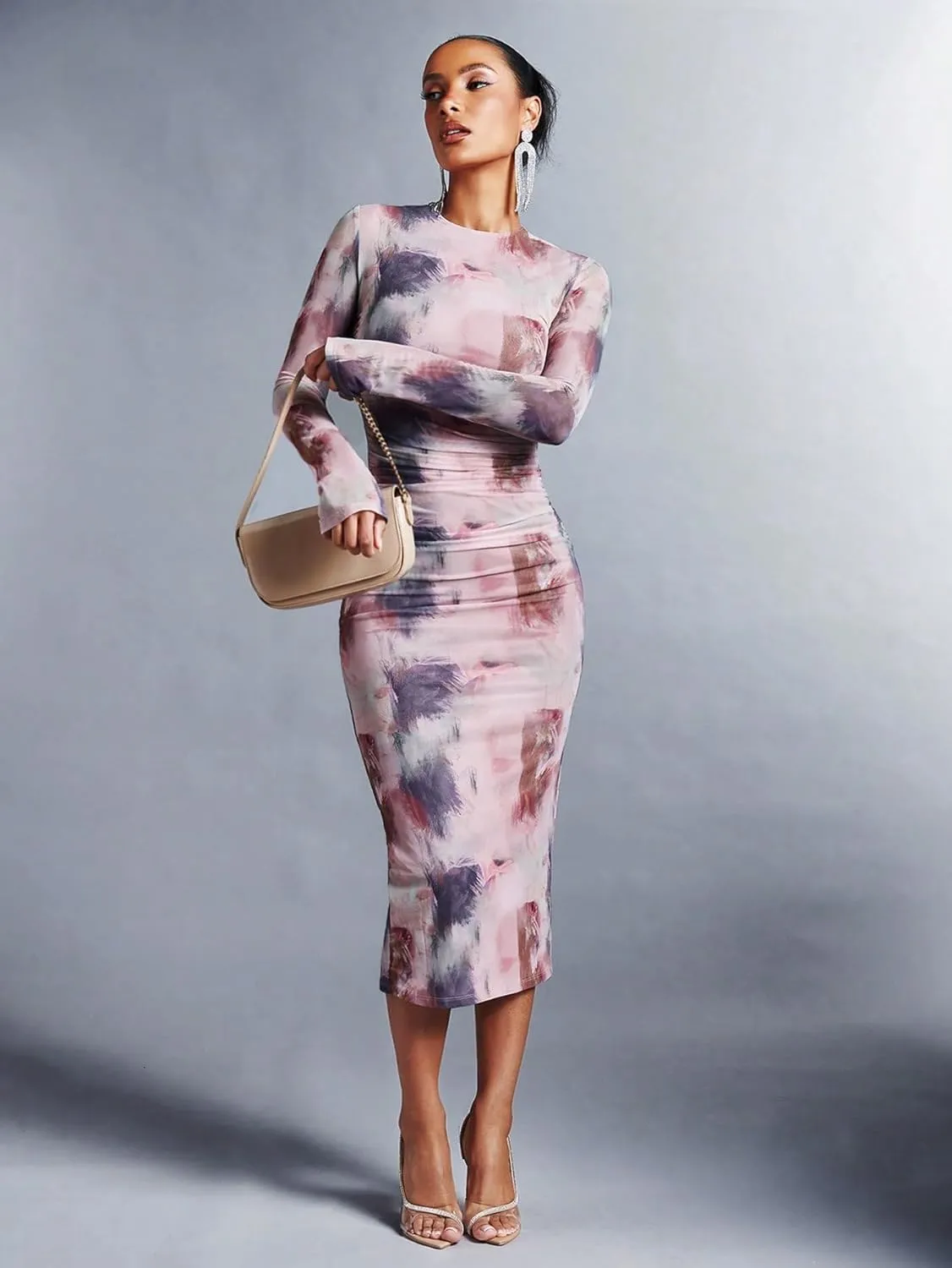 GORGLITTER Women's Mesh Long Sleeve Bodycon Midi Dress Sheer Ruched Tie Dye Crew Neck Dresses