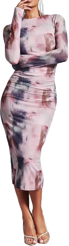 GORGLITTER Women's Mesh Long Sleeve Bodycon Midi Dress Sheer Ruched Tie Dye Crew Neck Dresses