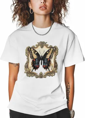 Graphic Women's T-Shirts, Hand Painted Butterfly Medieval Retro Watercolor T Shirts for Women Crew Neck Tees Cotton Tops White, S