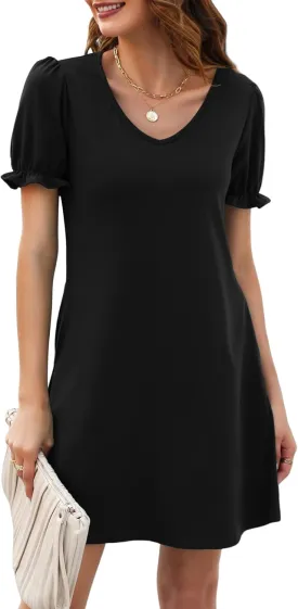 Halife Womens Summer Dresses Casual Puff Short Sleeve V-Neck T Shirt Dress with Pockets