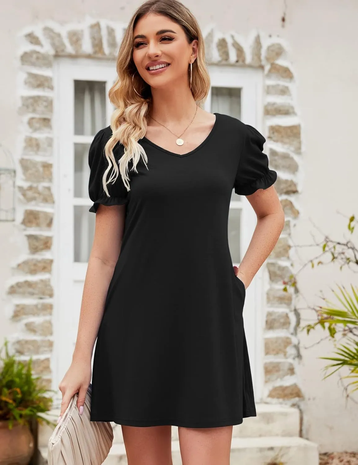 Halife Womens Summer Dresses Casual Puff Short Sleeve V-Neck T Shirt Dress with Pockets