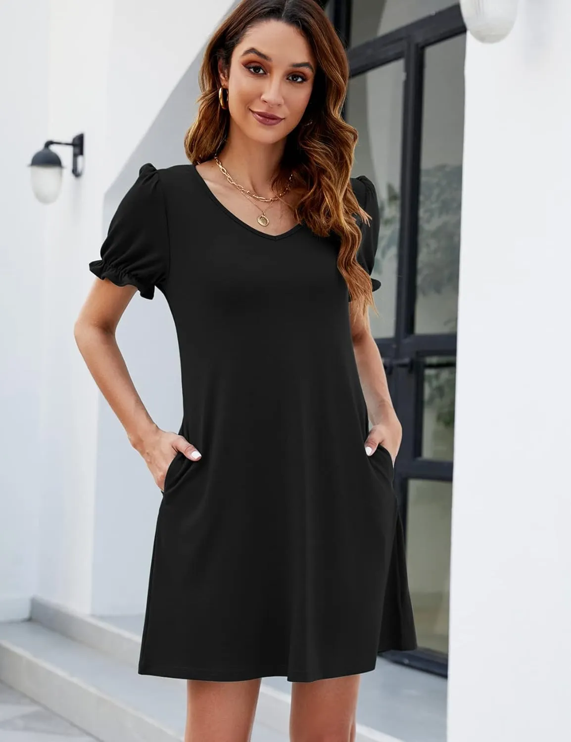 Halife Womens Summer Dresses Casual Puff Short Sleeve V-Neck T Shirt Dress with Pockets