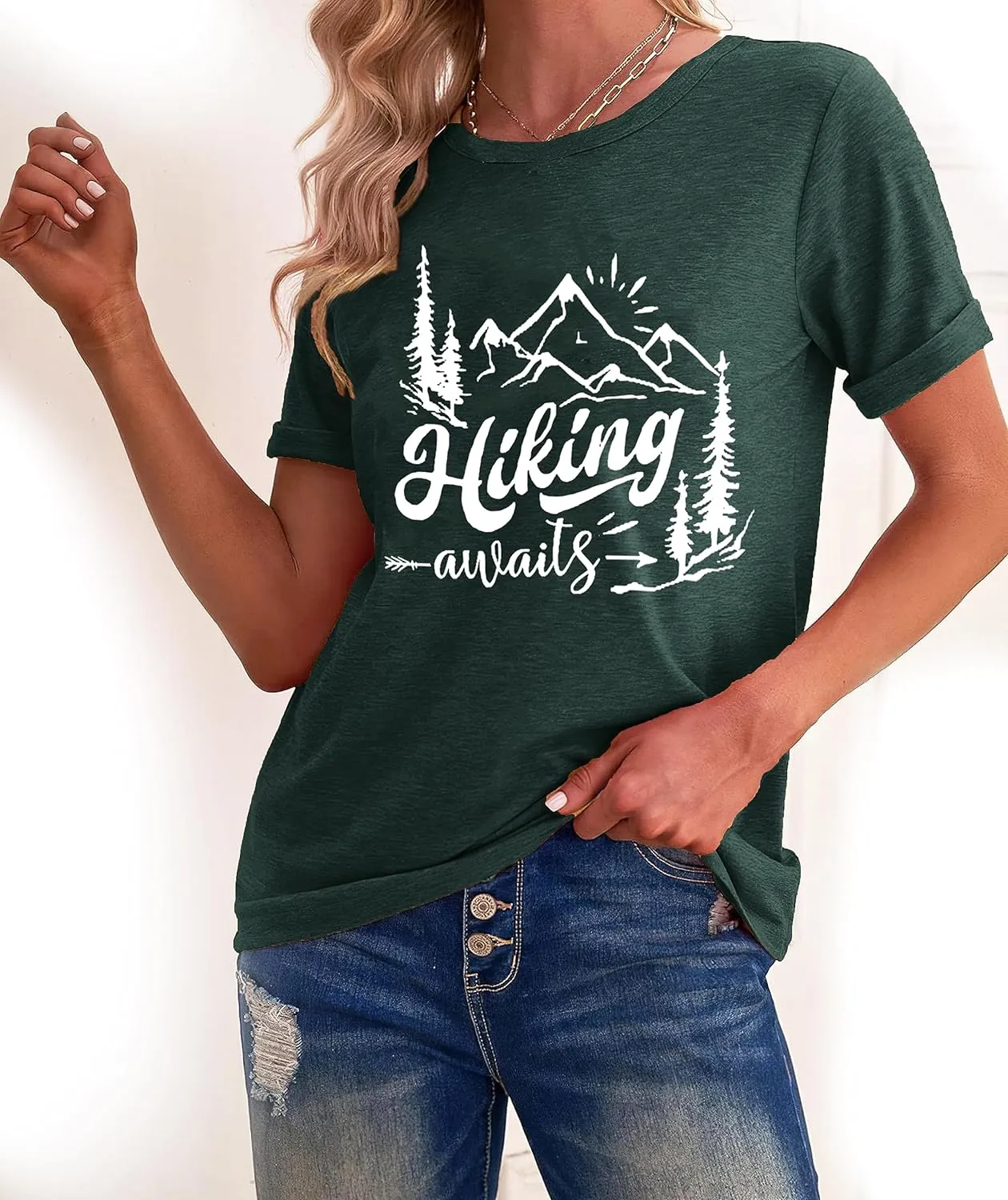 Hiking Shirt for Women Adventure Mountain Graphic Athletic Shirts Funny Hike More Worry Less Tee Tops
