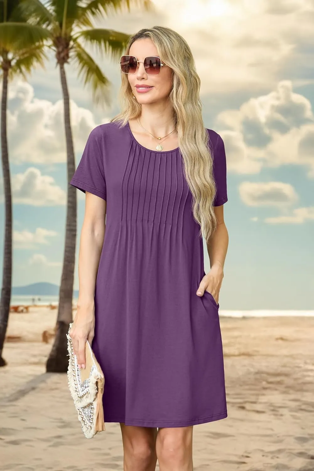 HiMONE Womens Summer Dresses T-Shirt Pleated Dressy Casual Scooped Neck Beach Vacation Dresses XS-2XL