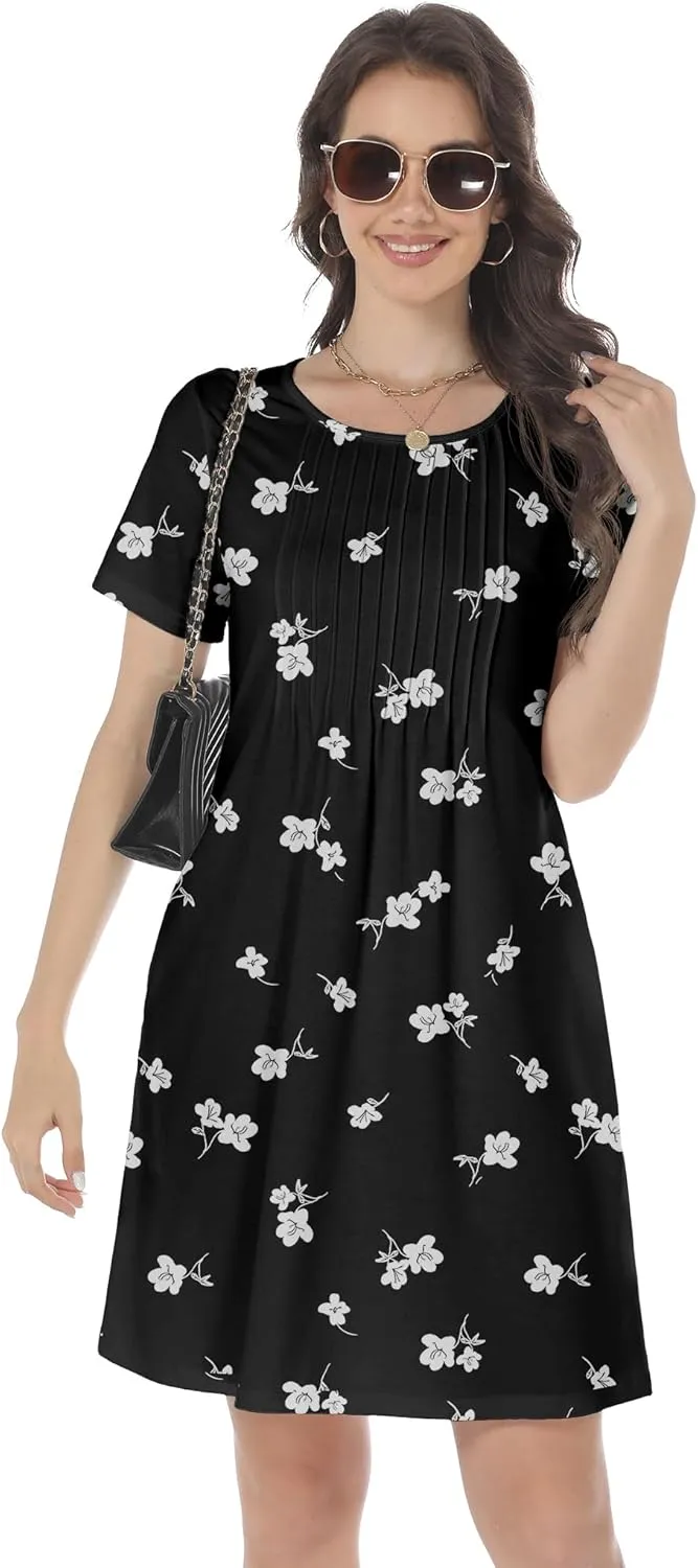 HiMONE Womens Summer Dresses T-Shirt Pleated Dressy Casual Scooped Neck Beach Vacation Dresses XS-2XL