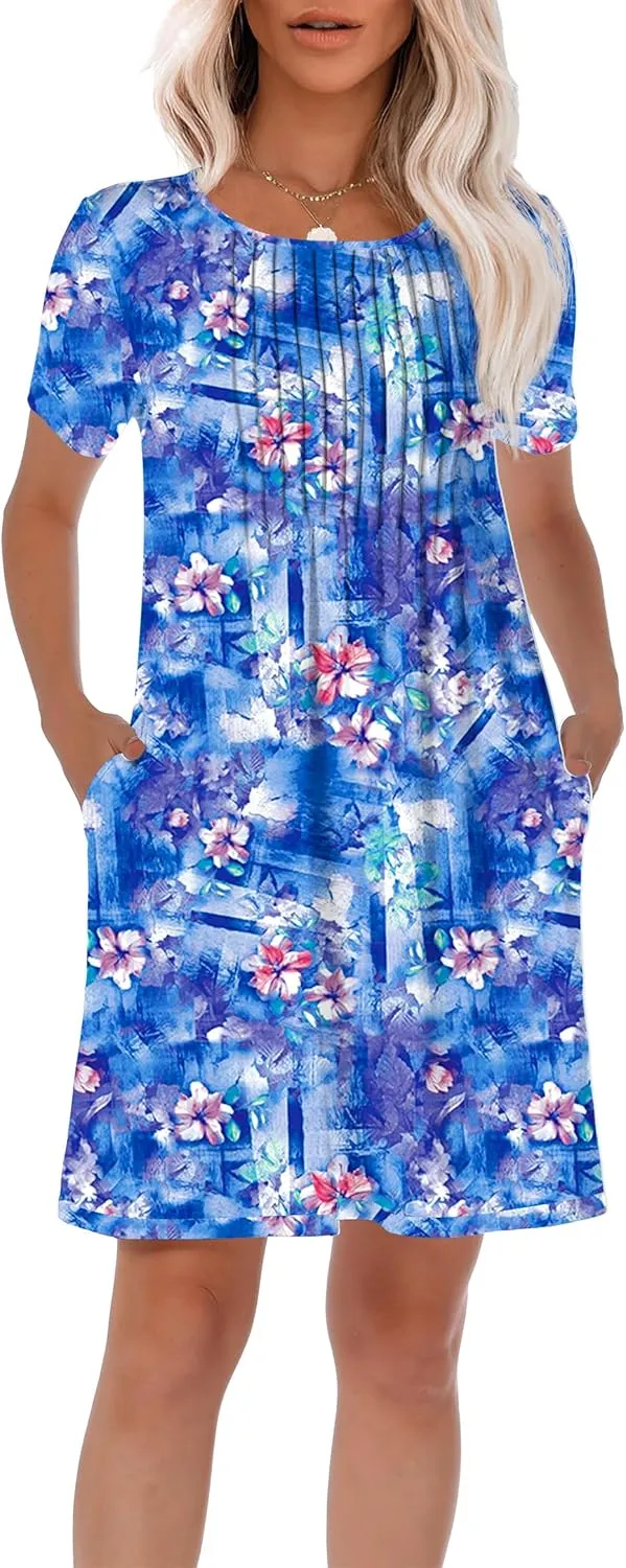 HiMONE Womens Summer Dresses T-Shirt Pleated Dressy Casual Scooped Neck Beach Vacation Dresses XS-2XL