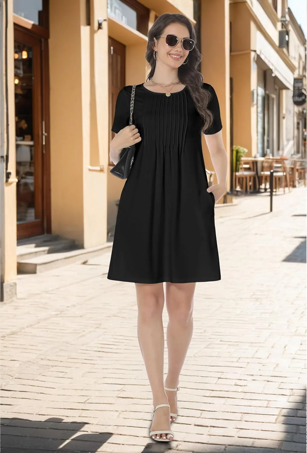 HiMONE Womens Summer Dresses T-Shirt Pleated Dressy Casual Scooped Neck Beach Vacation Dresses XS-2XL