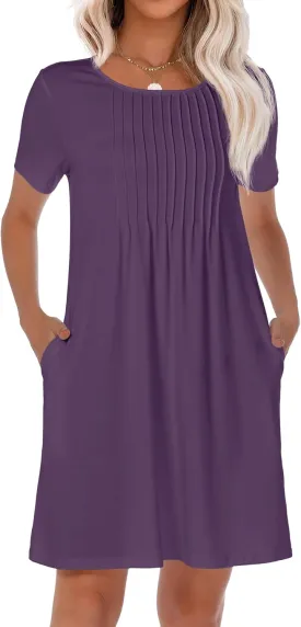 HiMONE Womens Summer Dresses T-Shirt Pleated Dressy Casual Scooped Neck Beach Vacation Dresses XS-2XL