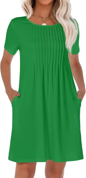 HiMONE Womens Summer Dresses T-Shirt Pleated Dressy Casual Scooped Neck Beach Vacation Dresses XS-2XL