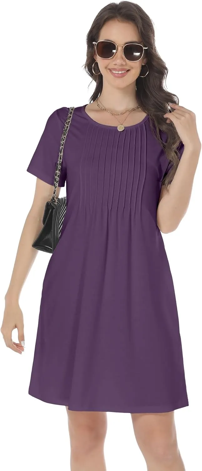 HiMONE Womens Summer Dresses T-Shirt Pleated Dressy Casual Scooped Neck Beach Vacation Dresses XS-2XL